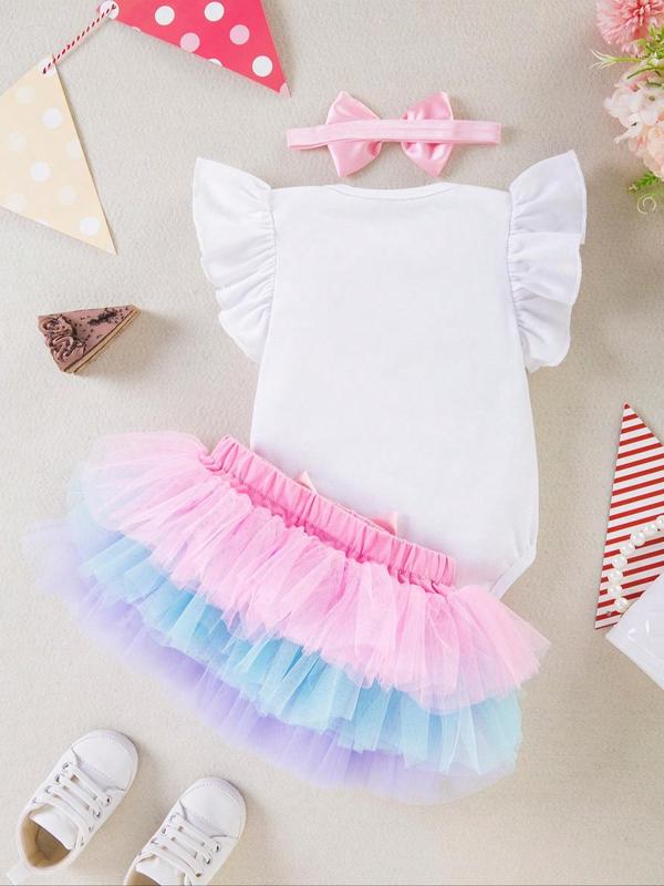 Three-Piece Set Baby Girl's Letter Print Tee & Colorblock Tiered Layer Skirt & Bow Decor Hair Band Set, Cute Butterfly Sleeve Round Neck Top & Tutu Skirt & Hair Band, Infant Toddler Kids Birthday Party Outfits