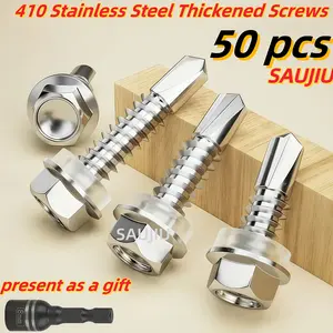 50 pieces of 410 stainless steel hex washer head TEK self-tapping screws, with free sockets, 5mm coarse thread, suitable for metal/furniture, magnetic, fully threaded right-hand rotation (4.8mm-19mm/0.75"-2"), bulk hardware fasteners