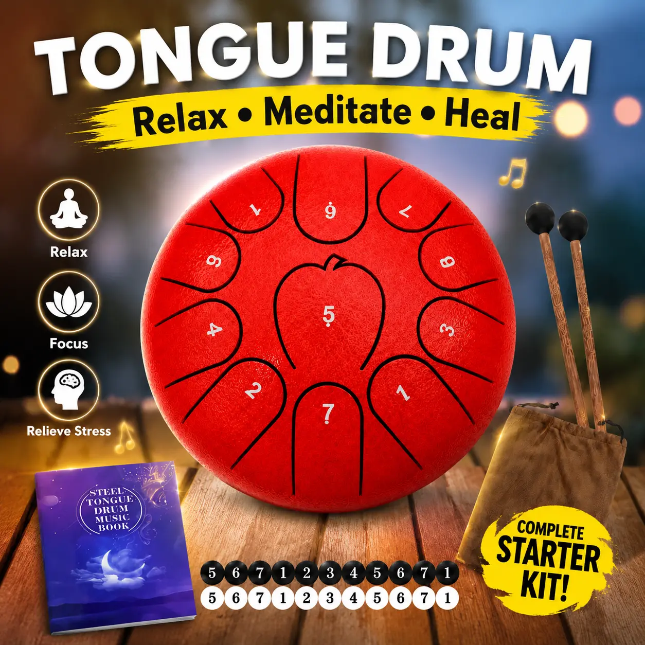 6-Inch 11-Note Steel Tongue Drum Instrument Kit for Relaxation & Adult Use - Unblock Writer’s Block, Boost Focus with Relaxing Sounds, Unique Percussion for Artists, W/ Bag & Mallets