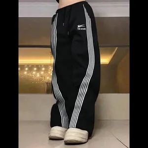 Unisex's Letter & Striped Print Drawstring Waist Sweatpants, Casual Pocket Wide Leg Trousers for Daily Wear, Unisex's Bottoms for All Seasons