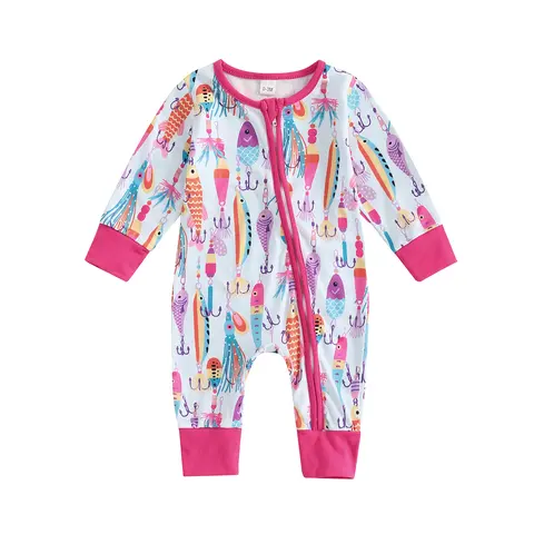 FOCUSNORM Newborn Baby Boy Girl Fishing Outfit Long Sleeve Zipper Fish Print Romper Jumpsuit Infant Coming Home Clothes