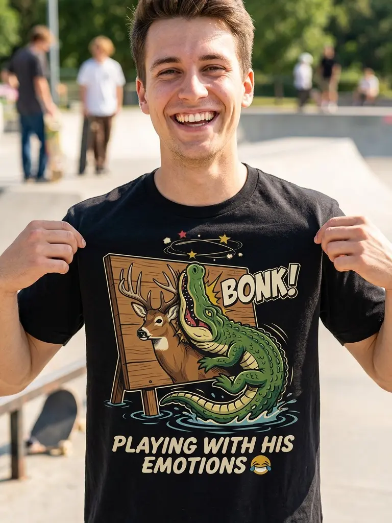Men’s Crew Neck Casual T-Shirt Funny Cartoon Alligator Deer Meme Streetwear Tee