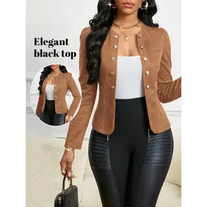 Lady Four Season/ Attire/ Suede Black Button Detail Open Front Jacket Fabric Fit