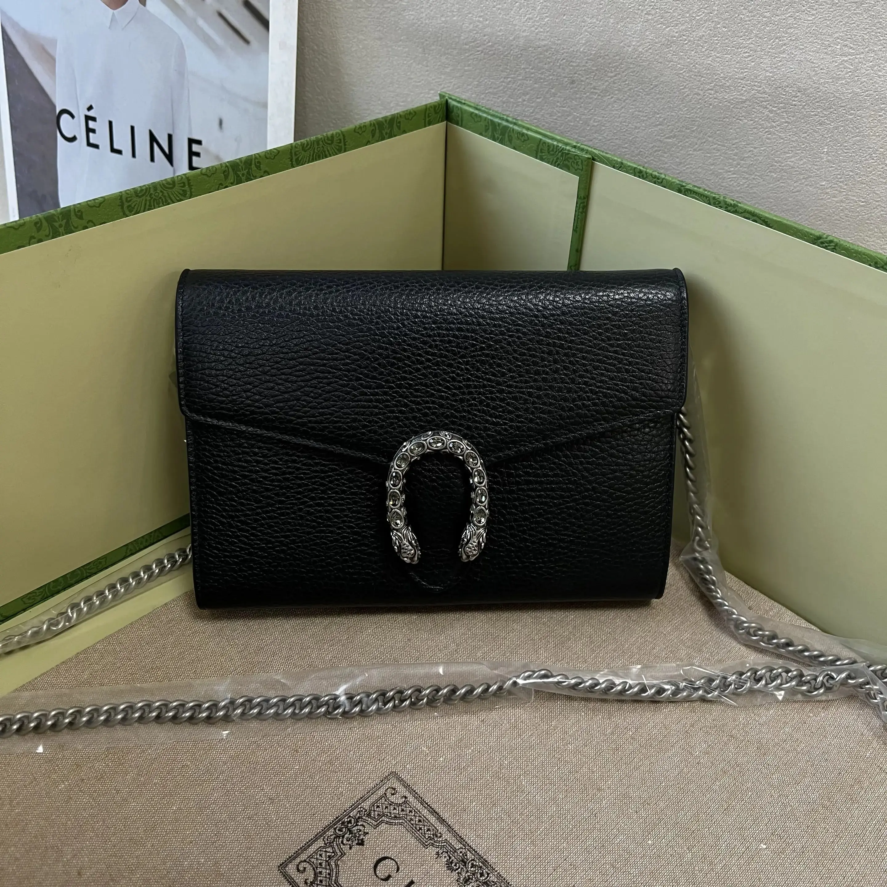 Pre-owned GUCCI Bacchus Bag WOC Black Cowhide Small Size Rhinestone Buckle Chain 0710 besty/C8354490761