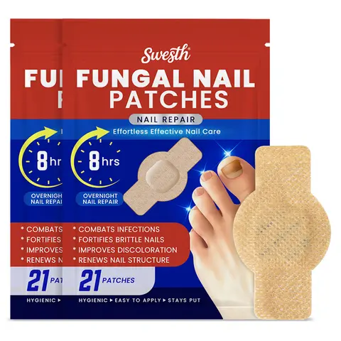 Swesth Organic Fungal Care Nail Repair Patches (21 Patches per Set) - Comfortable Easy-to-Apply Overnight Solution, Breathable Layer Elastic Fabric & Herbal Extracts for Damaged Nails & Foot Care