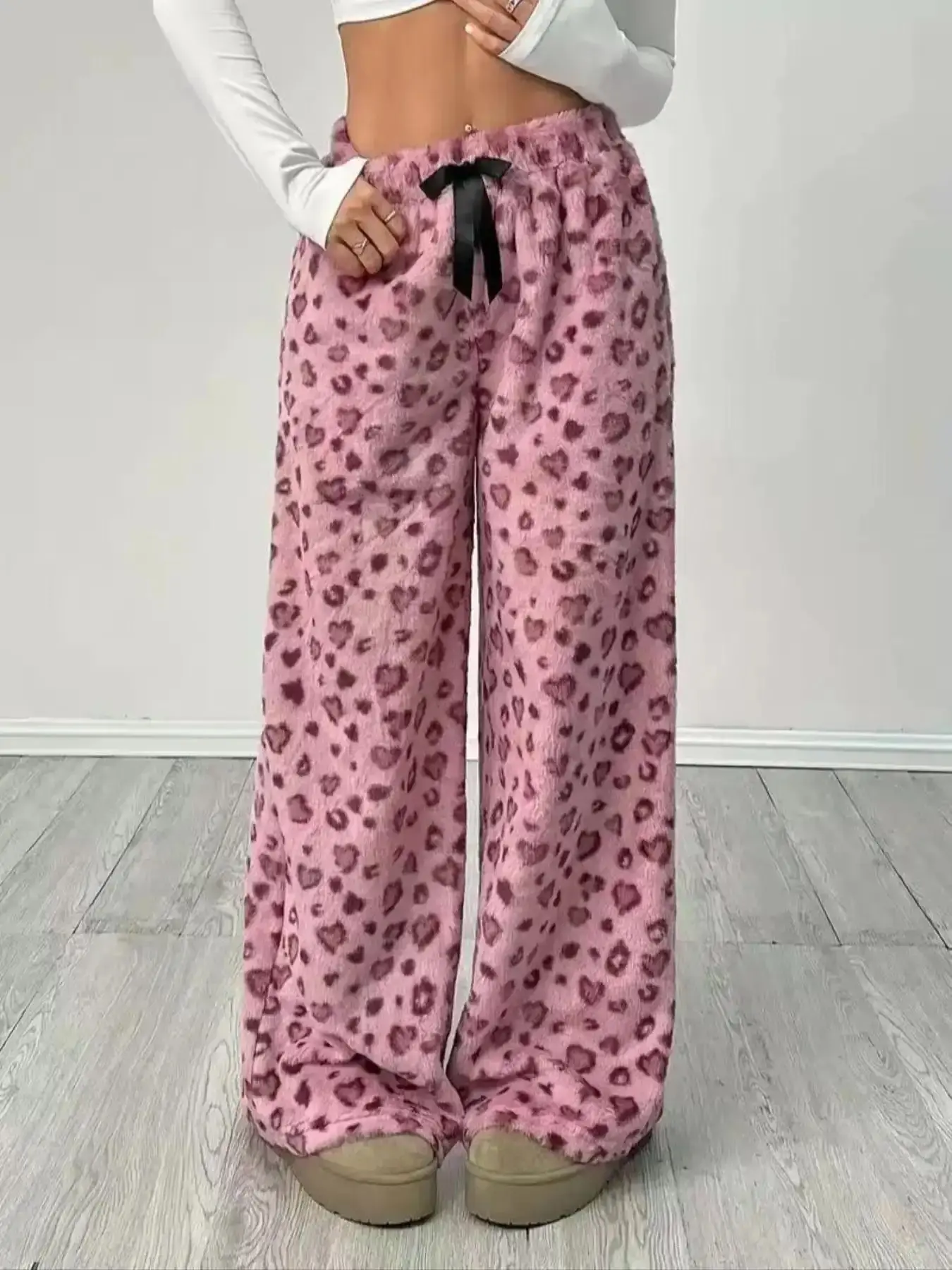 Heart Pattern Faux Fur Wide Leg Pants – Cozy Loose Lounge Fit, Fall Winter Loungewear, versatile piece, trending now, chic look, must-have style, wardrobe staple, modern staple