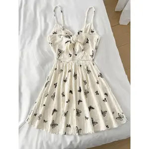 White V-Neck Mini Dress with Butterfly Print, Adjustable Spaghetti Straps & Lace-Up Backless Design - Perfect for Spring/Summer Vacations
