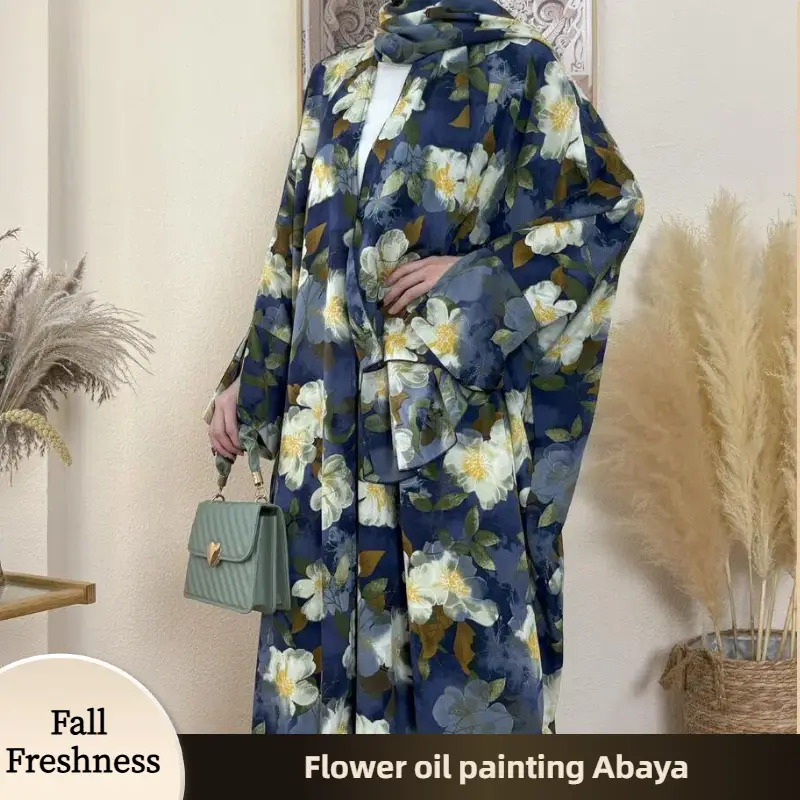 【FallFreshness】CL69 - 2 Floral Butterfly Hijab cardigan for women, Two piece set, Bat sleeve, Cropped cuff, Cool and ventilated design, Holiday Style,