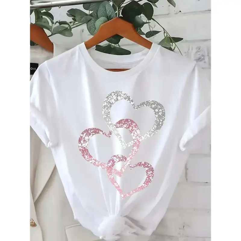 Women's Summer casual wear with romantic heart design Graphic T-Shirt -  Cotton Short Sleeve Crew Neck Regular Fit Casual Wear |   Soft & Breathable Fabric, Durable Print, Everyday Comfort, Machine Washable, Korean fashion, casual, feminine, glittery,