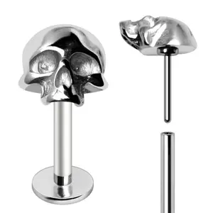 Stainless Steel Skull Push In Labret 316L Threadless Jewelry 16GA Bar 5/16" Length Unique Skull Top Edgy Fashion Accessory