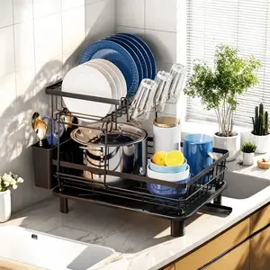 Double Layer Drain Rack for Countertop Metal Tray, Cup Holder Utensil Drying Rack, Kitchen Dish Draining Rack with Cutting Board