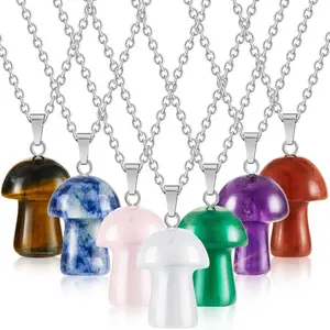 Earth's Essence: Natural Stone Crystal Mushroom Pendant Necklace