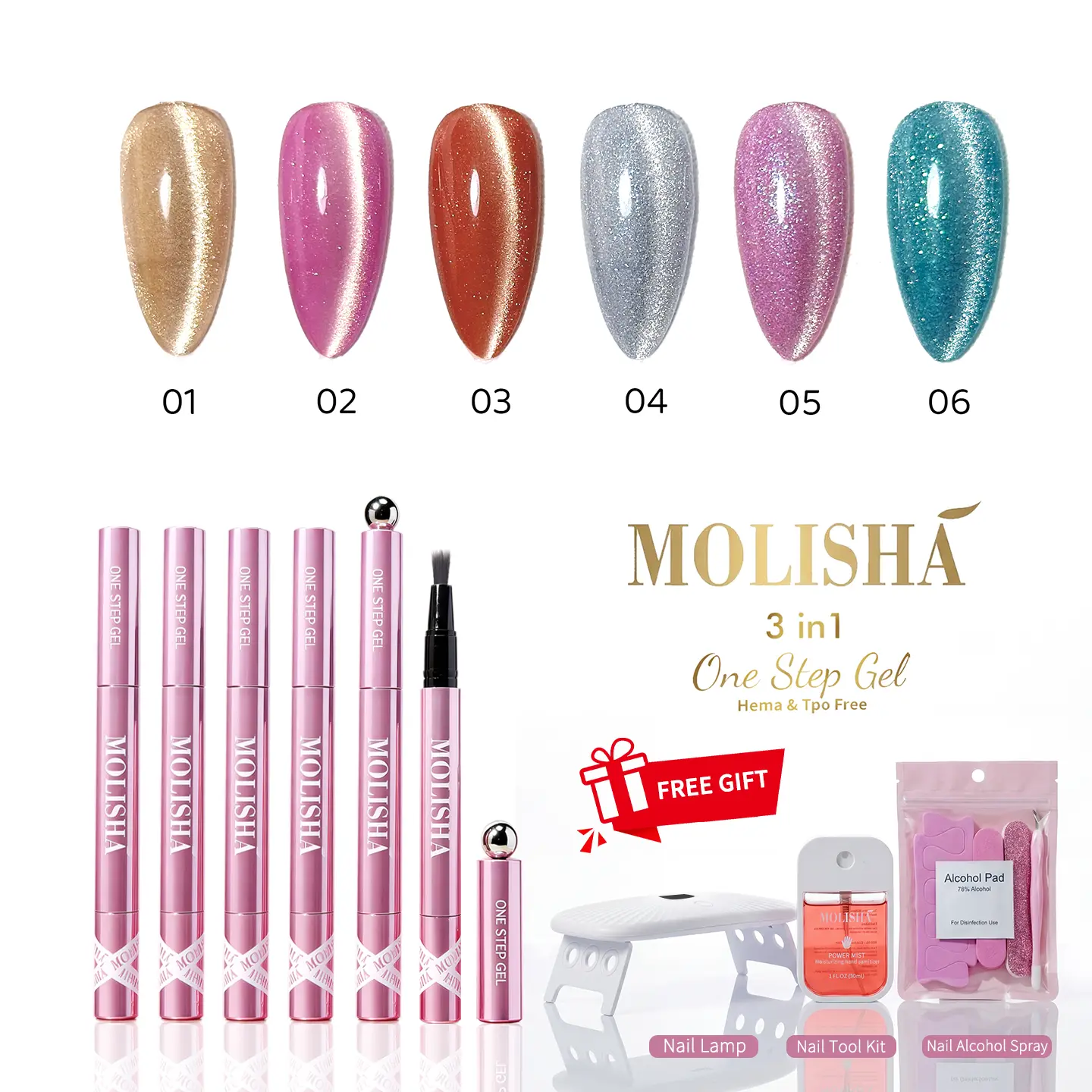 MOLISHA Portable Cat Eye Effect Leak-Proof Gel Nail Polish Pen Kit | 6 Vibrant Colors  | Complete One Step DIY Manicure Set with UV Light & Sanitizer Spray