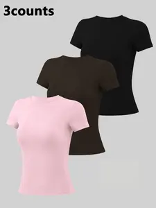 Women's Round Neck Sports T-Shirt Set, Athletic Top, High Elasticity Summer Comfortable Short Sleeve Breathable Fabric, Casual Tight Fit Shirt