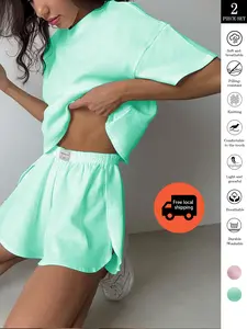 Women's Comfortable 2 Piece Sleepwear Set - Solid Color Short-Sleeved Pajamas with Wide Leg & Side Split Design