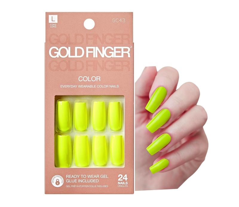 GoldFinger Neon Yellow Press On Nails Kit, Ready to Wear False Nails, Manicure Stick and Glue Included, Long Square Shape, Long-Lasting Hottest Trend Glue on Nails