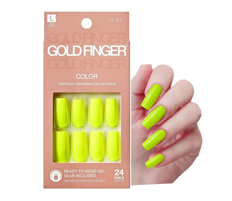 GoldFinger Neon Yellow Press On Nails Kit, Ready to Wear False Nails, Manicure Stick and Glue Included, Long Square Shape, Long-Lasting Hottest Trend Glue on Nails