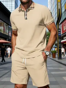 Men's Luxury Plaid Colorblock Polo Set, Summer Casual Loose Short Sleeve Shorts Two-Piece Set, Quick-Dry Breathable