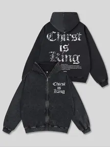 Men's Hooded Zipper Sweatshirt, Fall & Winter Casual Loose-Fit Cotton Pullover, Vintage Jesus Graphic Design, Ideal Gift for Holidays, Graphic Print Hoodie