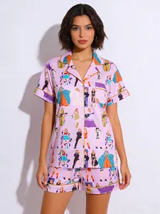 Women's Sleepwear Set, Pajama Set, Singer Printed Short Sleeve Shorts, Spring Summer Fall Casual Home Wear, Fitted All over Print Top with Pockets