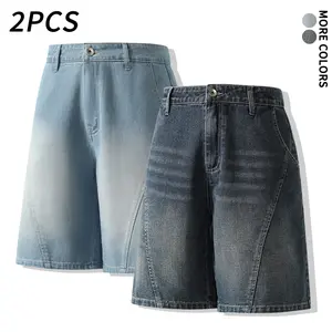 2pcs men’s gradient washed denim shorts, button waist loose fit baggy jean shorts, casual streetwear bermuda shorts for summer (2 pack and 1 pack)