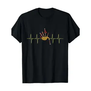 Casual Style Bagpipe Heartbeat Pattern T-Shirt - 100% Cotton Short Sleeve T-Shirt, Glossy Music Print, Loose Round Neck, Suitable for Men and Women, Comfortable for All Seasons, Sizes S-XXXXL, Black - Ideal Gift for Music Lovers, Comfortable Clothing