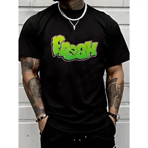 Men's Casual T-Shirt, 100% Cotton, "Fresh" Graffiti Style Graphic Printed Pattern T-Shirt, Regular Fit, Round Neck, Bold Text Design, Streetwear Style T-Shirt