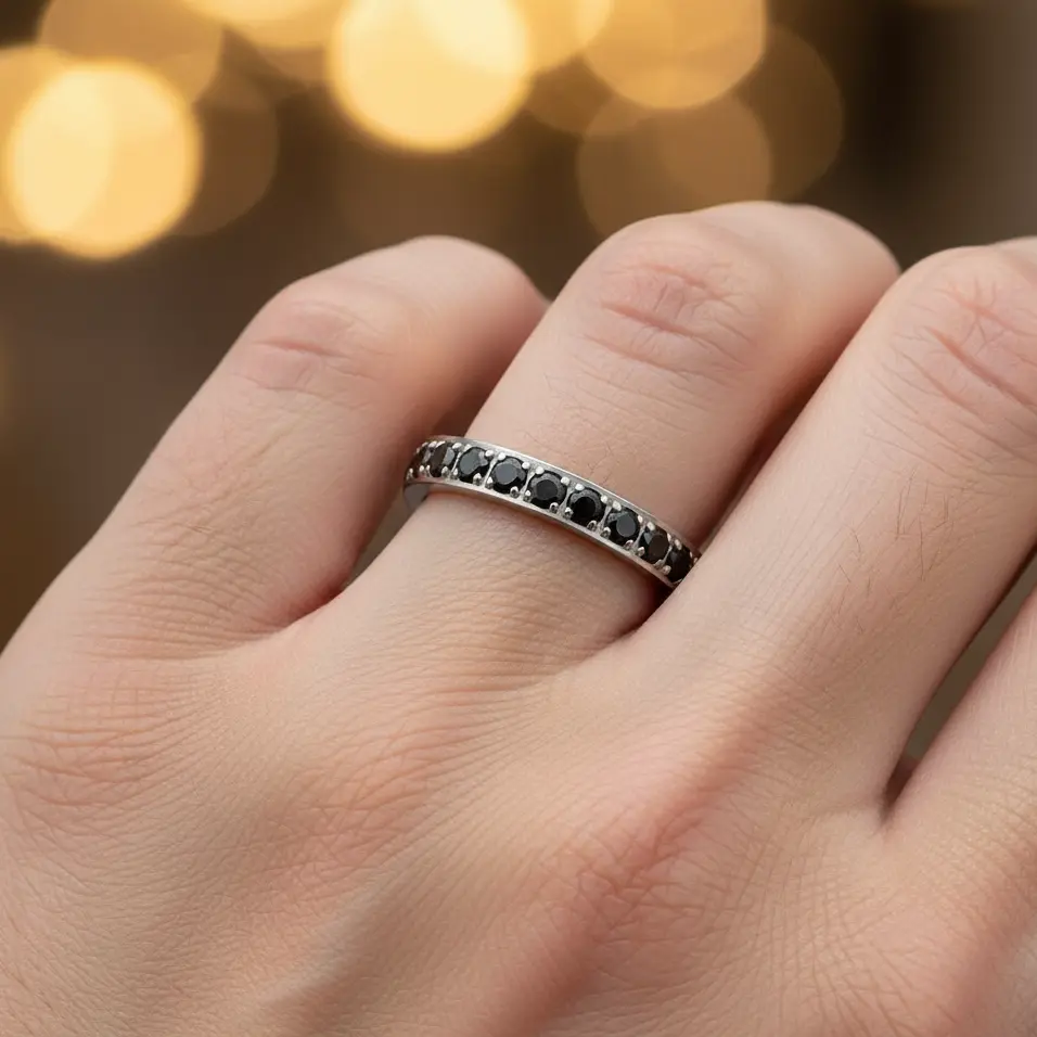 Titanium Silver IP Plated Full Eternity Black CZ – 3mm, Wedding and Engagement Titanium Rings for Her, Women's Wedding Ring, Titanium Bands