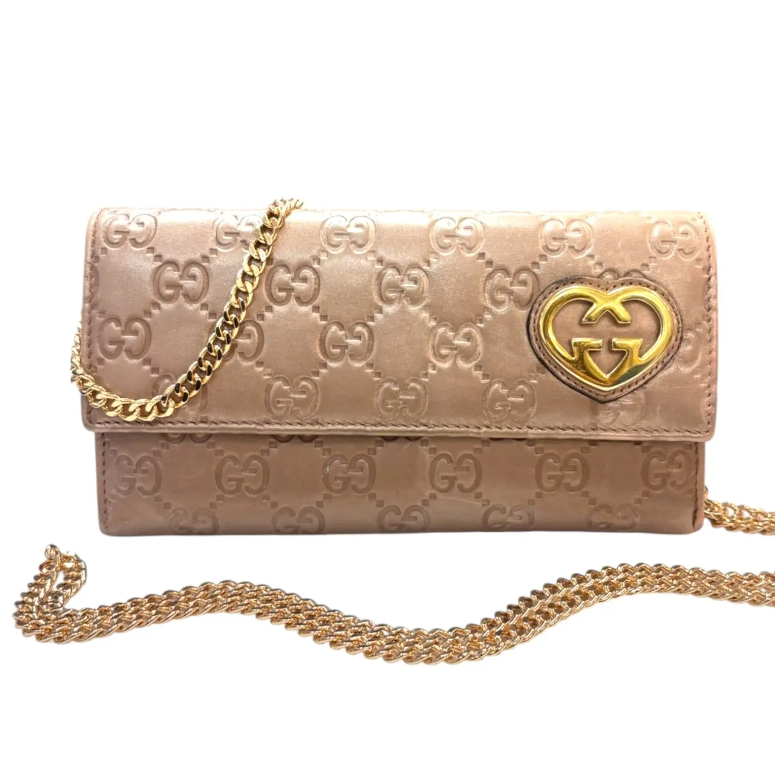 Pre-owned GUCCI Leather Crossbody Bags Metallic Rose Gold Guccissima Wallet with added Gold Chain