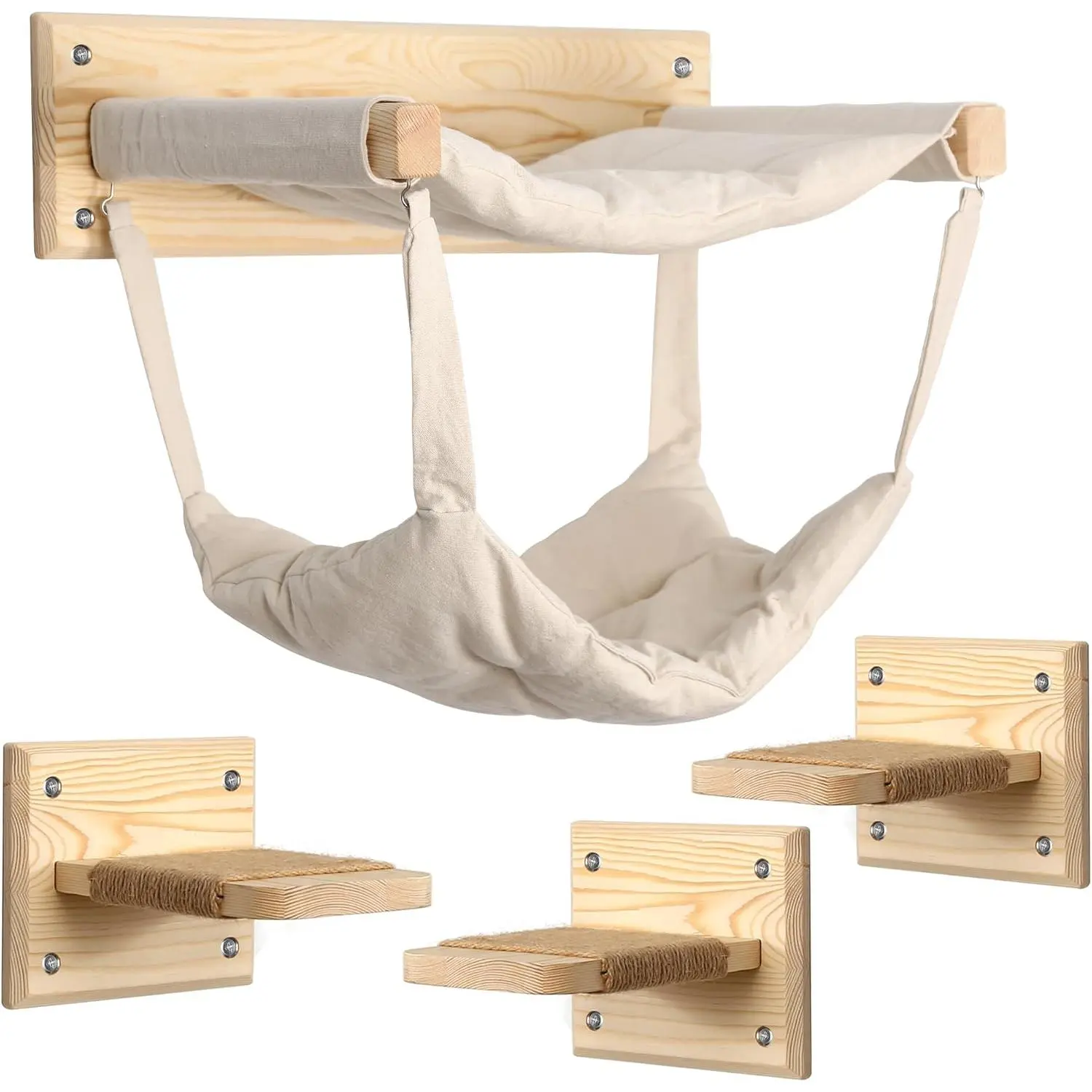 Wall-Mounted Cat Activity Center - Double Hammock, Sisal Steps, Multi-Levels, Premium Wood Construction, Climb & Rest Wall-Mounted Perches, 20x6.3x4.72in Solid Indoor Climbing Shelf Scratching Post