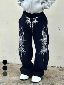 Men's Y2K Sweatpants, Casual Jogging Pants, Oversized Gothic Graphic Print Trousers, Hip Hop Streetwear Wide Leg Pants for Casual Daily Wear