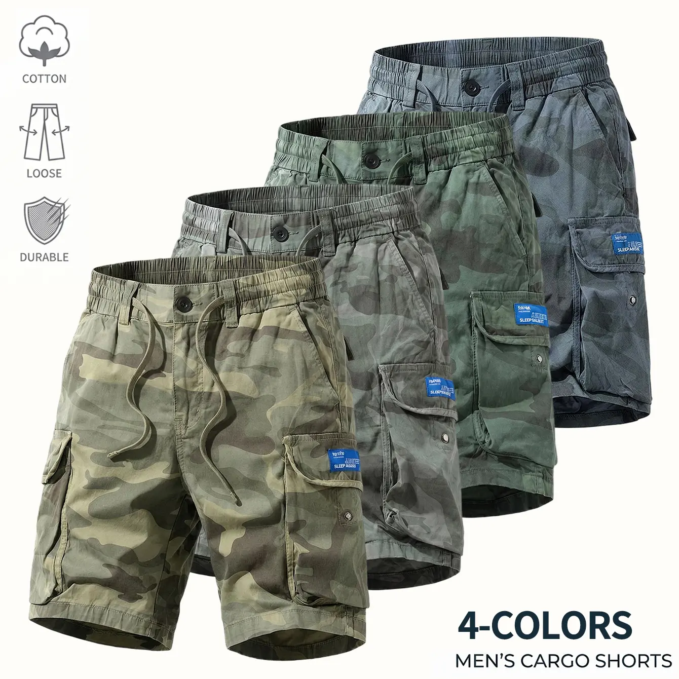 Men's American Vintage Distressed Camouflage Cargo Shorts - Pure Cotton Breathable Fabric, Flap Large Pockets, Elastic Waistband Casual Shorts