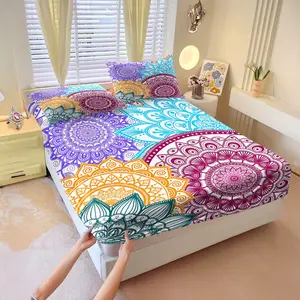 Colorful Mandala Full Print Bed Sheet Set, Includes 1 Bed Sheet & 2 Pillowcases without Filler,retro exotic, breathable and skin friendly, multiple styles to choose from, suitable for both gift giving and personal use