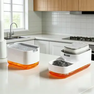 2-In-1 Kitchen Dish Soap Pump with Sponge Holder, Press Dispenser, Non-Slip Base, Includes Cleaning Brush and Cloth, Efficient Dishwashing