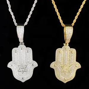 Mens hiphop style big heavy luxury sparkling iced out cubic zirconia cz micro pave star of david hamsa hand fatima hand pendant necklace