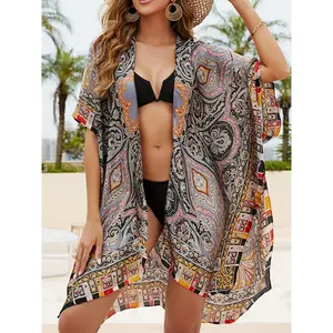 Lightweight Bohemian Paisley Printed Beach Cover-up-Satin Polyester Sun Protection Shirt with Asymmetric Design and V-neck, Perfect for Vacations and Leisure Outings, Beach Accessories