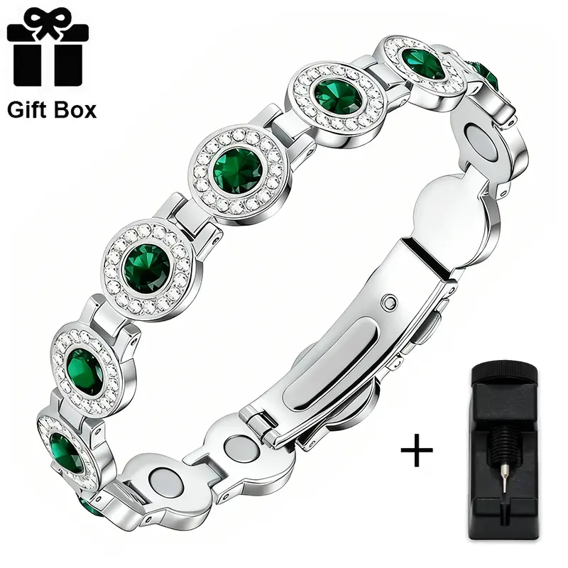 Women's Magnetic Bracelet, Elegant Copper Plated Band with Green Crystals, Adjustable Length with a Secure Clasp, Premium Finish Anniversary Gift, Crystal Inlay, 4X Strength Magnets, Rose-Gold Tone, Anniversary Gifts, Hypoallergenic, Secure Clasp Keeps Br