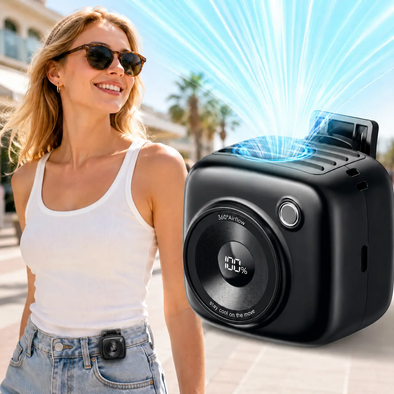 Wearable Waist Fan, Portable Clip on Fan with LED Display, 3-Speed Rechargeable Personal Fan, 3000mAh Battery Operated Mini Turbo Fan for Belt, Shirt, Hat, Travel, Camping, Outdoor, Concert