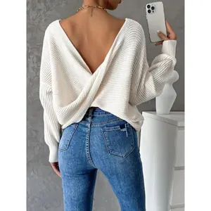 Women's Plain Wrap Backless Drop Shoulder Long Sleeve?Sweater, Y2K Trendy Elegant Scoop Neck Jumper for Spring & Fall, Women's Knitwear for Daily Wear??gift??