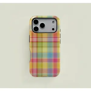 Colorful Plaid Pattern Retro Square Phone Case, Candy Color Print, Durable Two-In-One Protection, Fits iPhone 17-12 Pro, Samsung S25-S22 Ultra Series Compatible with Samsung Galaxy S25
