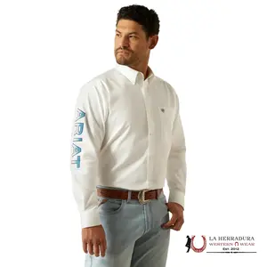 ARIAT MENS TEAM LOGO TWILL WHITE/TEAL SHIRT - 10059132