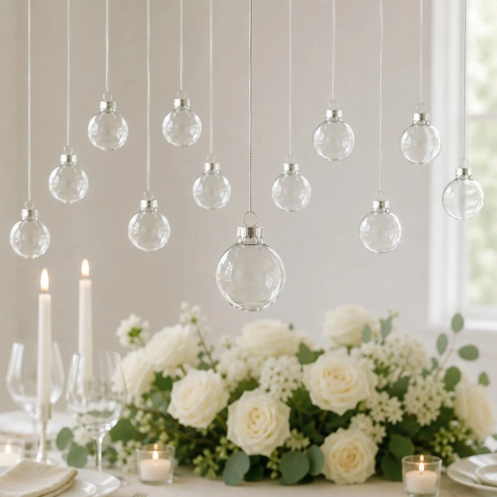 12 Pack 2" Clear Glass Hanging Ornament Balls, Fillable Round Baubles with Removable Silver Caps for DIY Crafts, Weddings, and Holidays