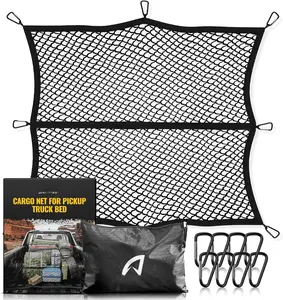 Cargo Net for Pickup  Bed - Stretchable 4'x4' to 7'x7', High Elastic Fine Mesh 1''x1'' with 8 Metal Carabiners - Ideal for ATV, SUV, UTV,  and Boat Use (Single Layer)