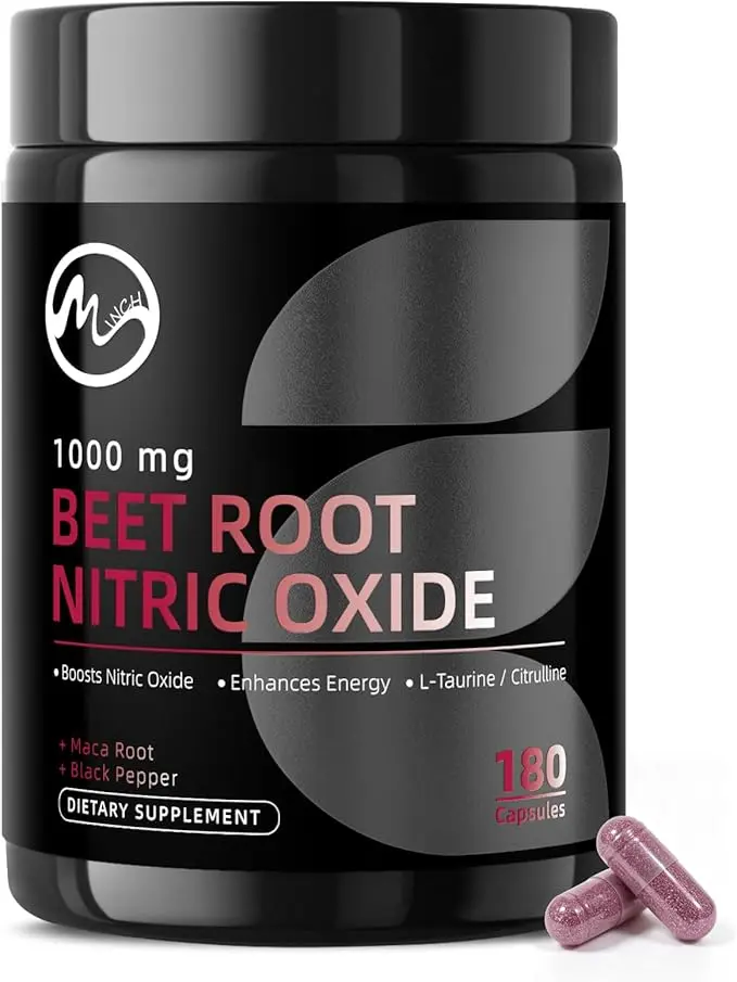 M inch 5 In 1 Beet Root Capsules - Nitric Oxide Booster for Men and Women, Beetroot Supplements 1000 mg w/ L-Citrulline, Taurine and Maca, Support Energy, Circulation & Nitric Oxide, Caffeine-Free, 180 Capsules