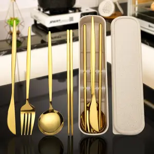 4-Piece Stainless Steel Gold Cutlery Set with Storage Box, Portable Reusable Utensils for Home, Office, School, Camping and Travel, Household Tableware for Daily Use