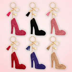 High Heels Rhinestone Tassel Keychain - Pink Glitter Shoe Charm with Gold Tone Hardware