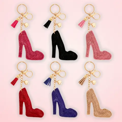 Cute Elegant Rhinestone Tassel High Heel Keychain Charms - Glittered Pink Shoe Charm with Gold-Tone Hardware, Everyday Purse & Bag Fashion Accessory, Sparkling Key Holder