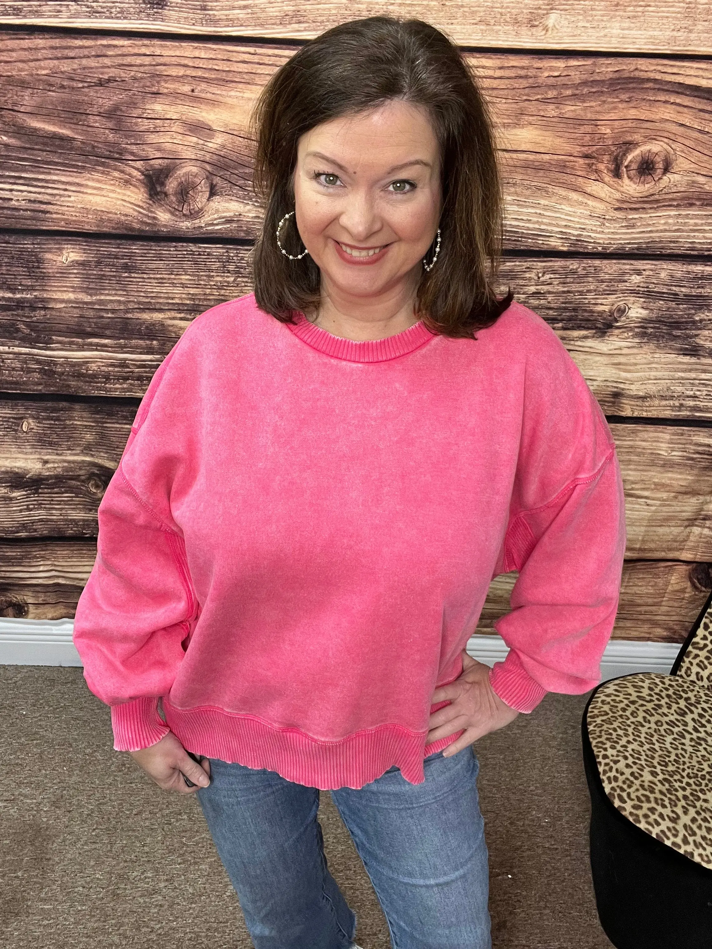 Plus Acid Wash Fleece Oversized Pullover, Fuchsia