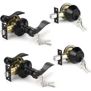 2 Pack Keyed Alike Front Door Handle with Single Cylinder Deadbolt, Matte Black Exterior Door Lock Set, Zinc Alloy