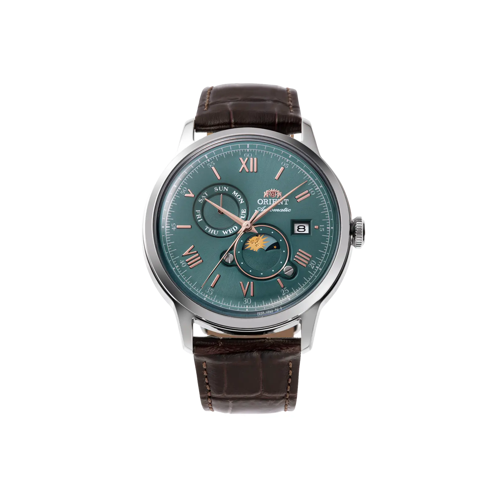 Orient Bambino Men's Automatic Mechanical Dress Watch with Green Analog Dial, Domed Mineral Glass, 41.5mm Stainless Steel Case, and Brown Leather Buckled Strap, Round Analog Dial